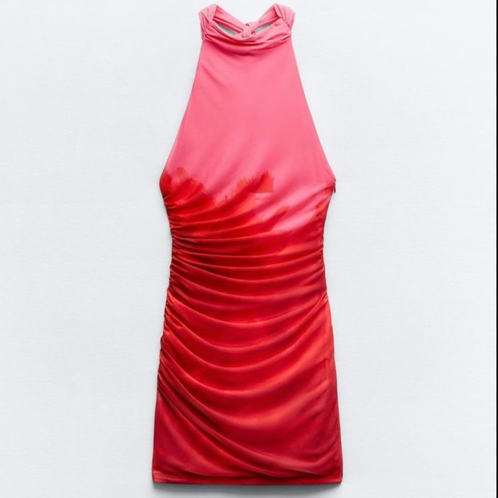 Zara NWT Red Ruched Halter Bodycon mini Dress size medium